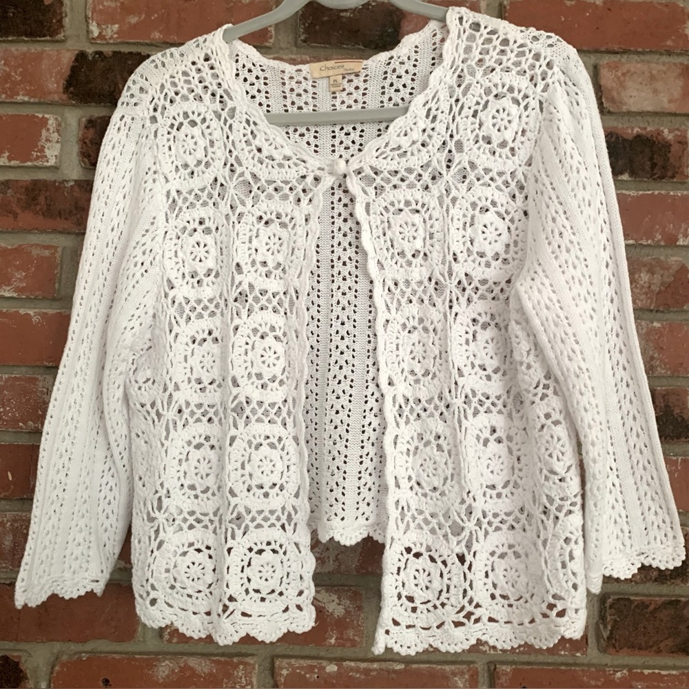 Choices Boho White Cotton Crochet Open-Front Cropped Cardigan Sz LP